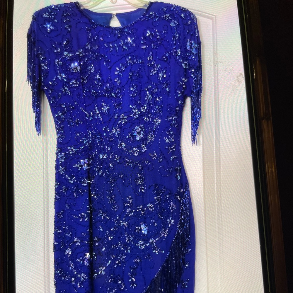 Joan Leslie Evenings Dress 4 sequin silk Floral Coctail party Blue